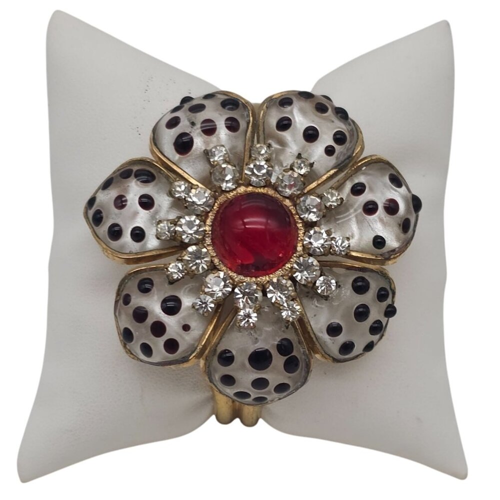 Vintage Leslie Chin Walsh Flower Bracelet Cuff Black White Red Clear Rhinestones